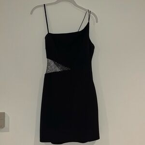 Short black asymmetrical mesh panel bodycon dress